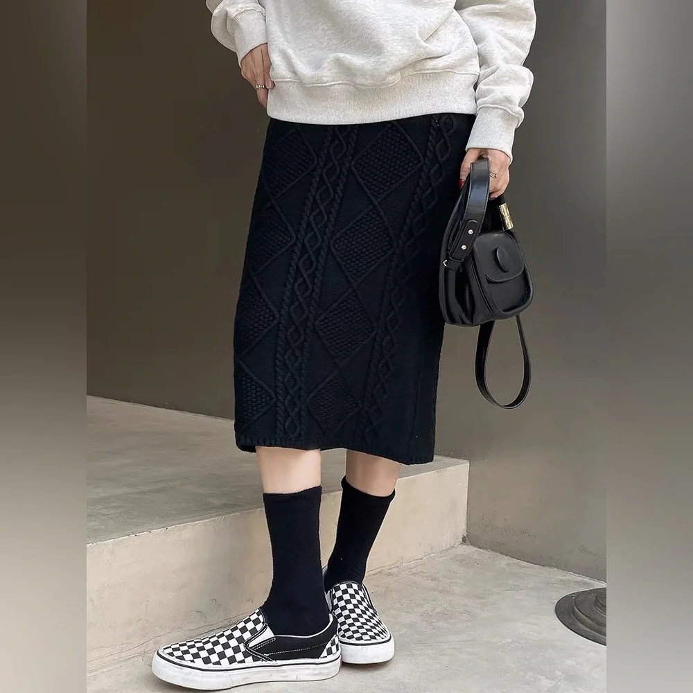 NEW Black Cable Stretchy Knit Bodycon Midi Sweater Skirt